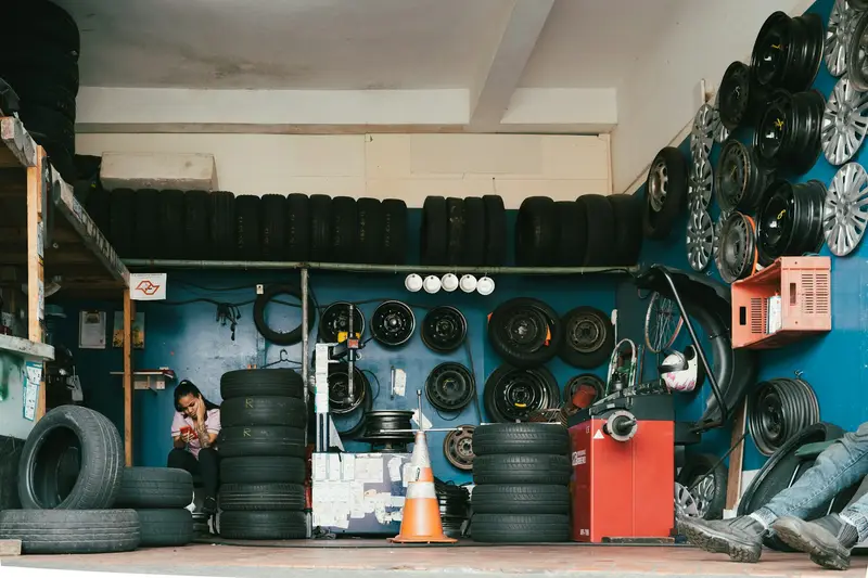 Racks of tyres in a tyre workshop